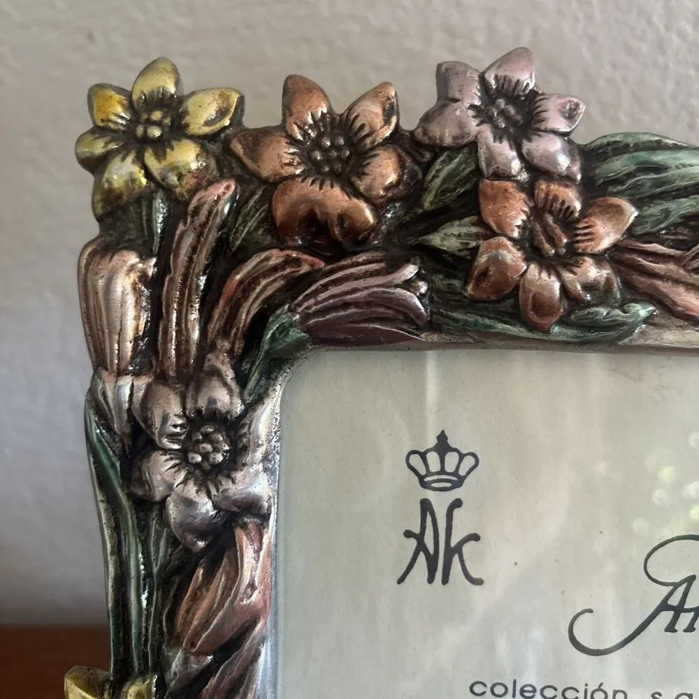 Ann Kary Mexico Pewter Picture Frame Art Nouveau Bird, Foliage, Colorful! 12.5